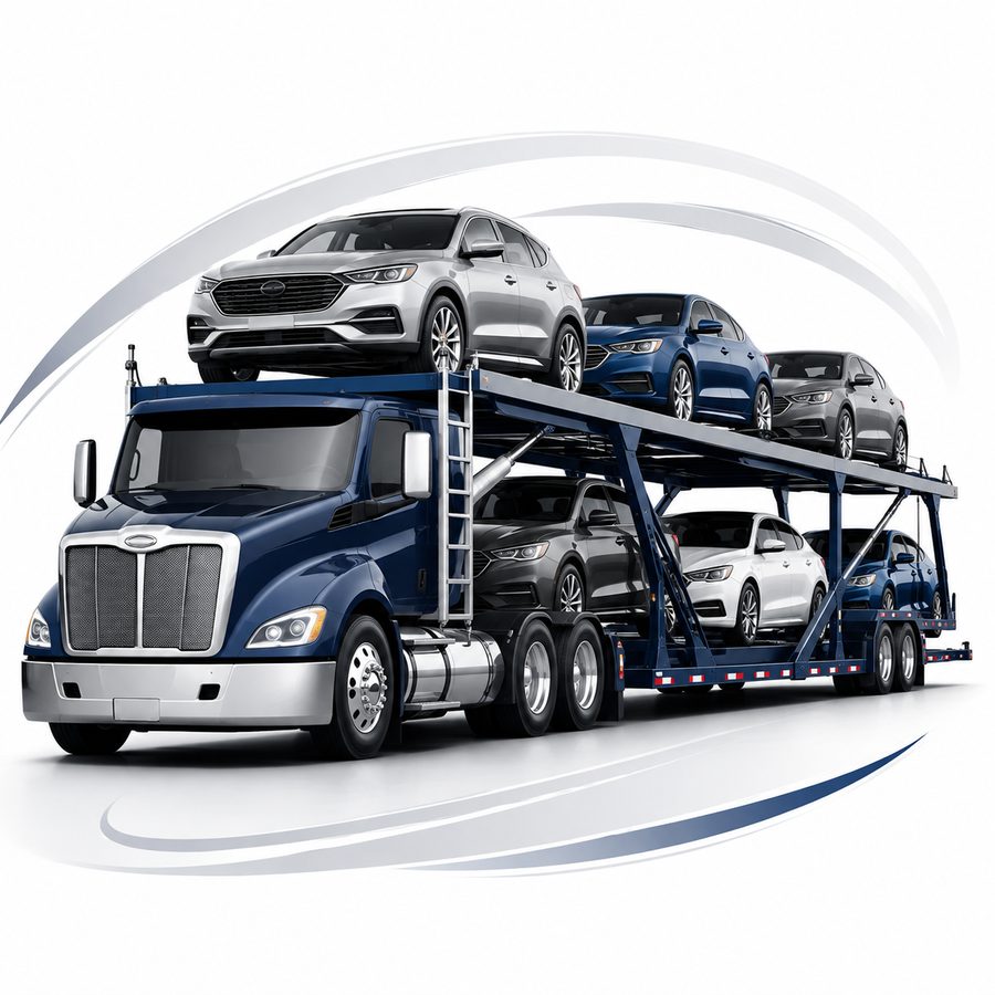 Open carrier auto transport truck hauling multiple vehicles